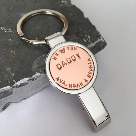 Personalised Bottle Opener Keyring. Copper & Stainless Steel, Gift for Him, Birthday, Christmas or anniversary present. - The Little Stamping Co.
