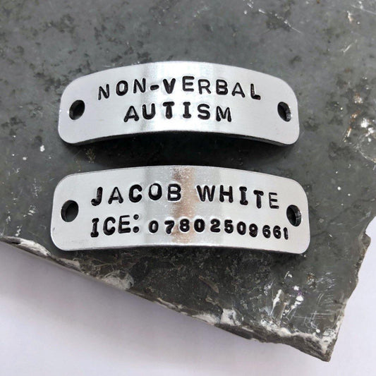 Autism Awareness Trainer Tags, Personalised Shoe Tags, Medical Alert, Supplied in Pairs - The Little Stamping Co.