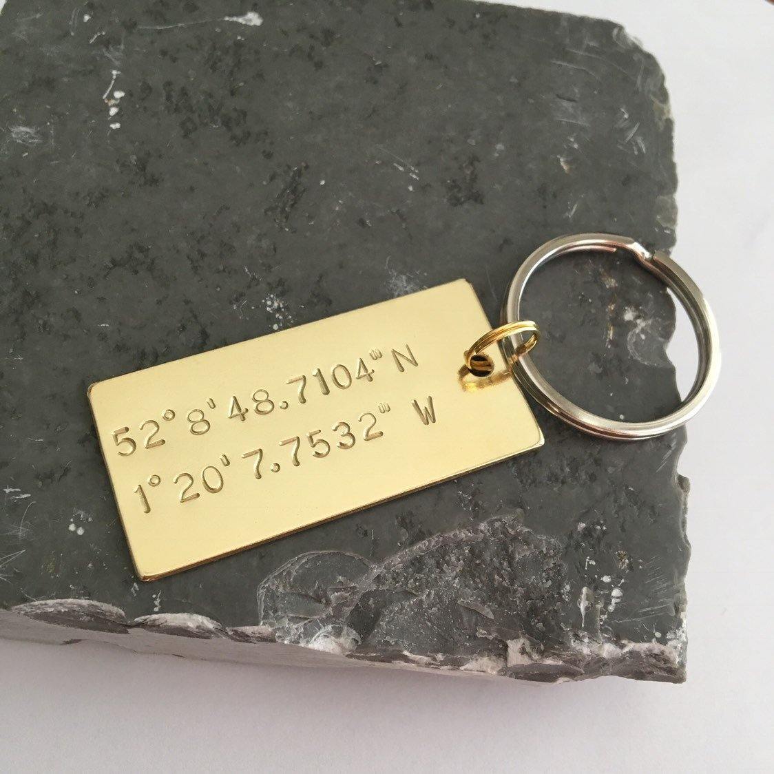 Brass Coordinates Keyring, Personalised Gift, Hand Stamped, Custom Keychain - The Little Stamping Co.