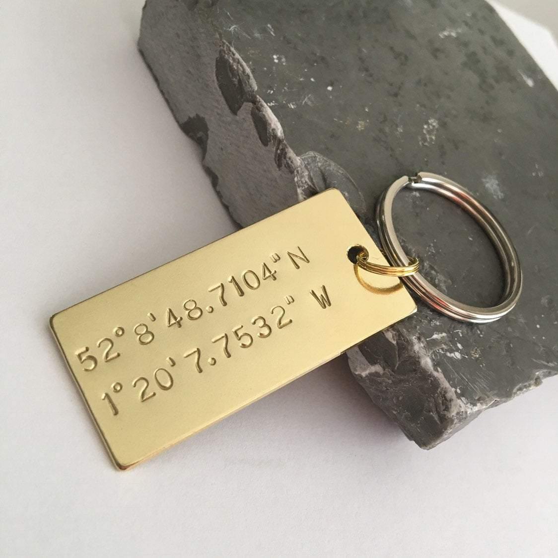 Brass Coordinates Keyring, Personalised Gift, Hand Stamped, Custom Keychain - The Little Stamping Co.
