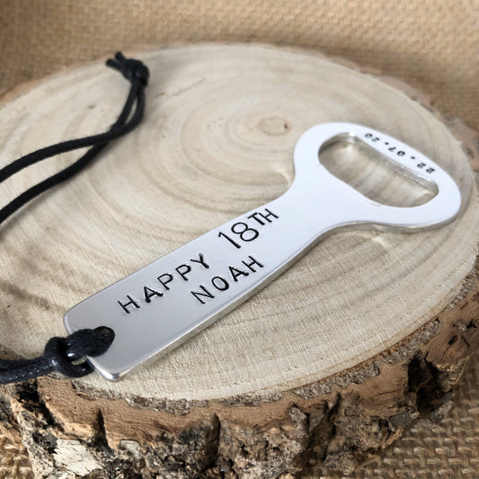 Personalised Bottle Opener, 18th 21st Birthday Gift, Wedding Favour Bottle Opener, Best Man Present, Aluminium and Leather - The Little Stamping Co.